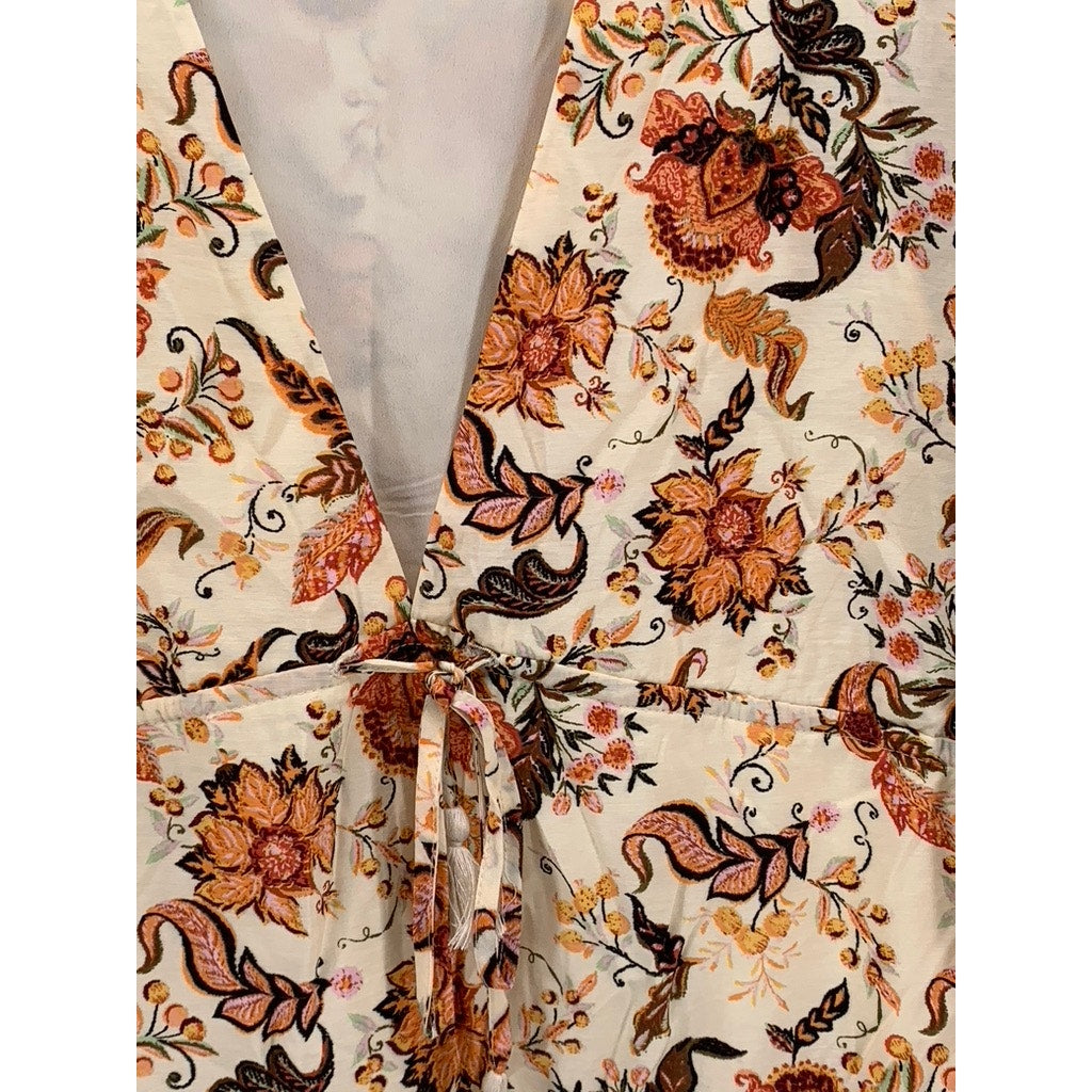 FOREVER 21 Women's Cream-Orange Floral Short Sleeve V-Neck Mini Dress SZ S