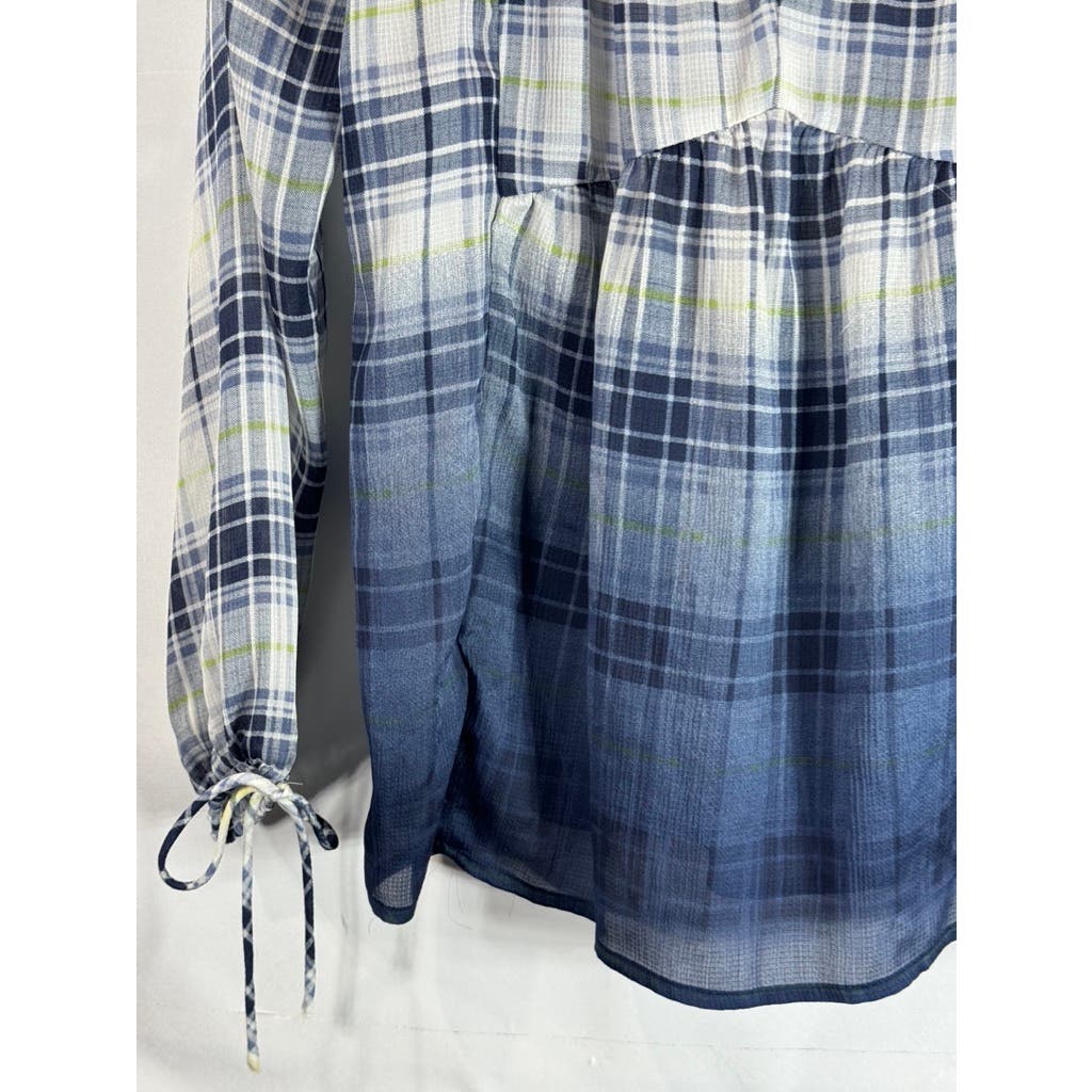 PRINCESS VERA WANG Women's Blue/White Ombre Plaid Tie-Cuff Long Sleeve Top SZ S