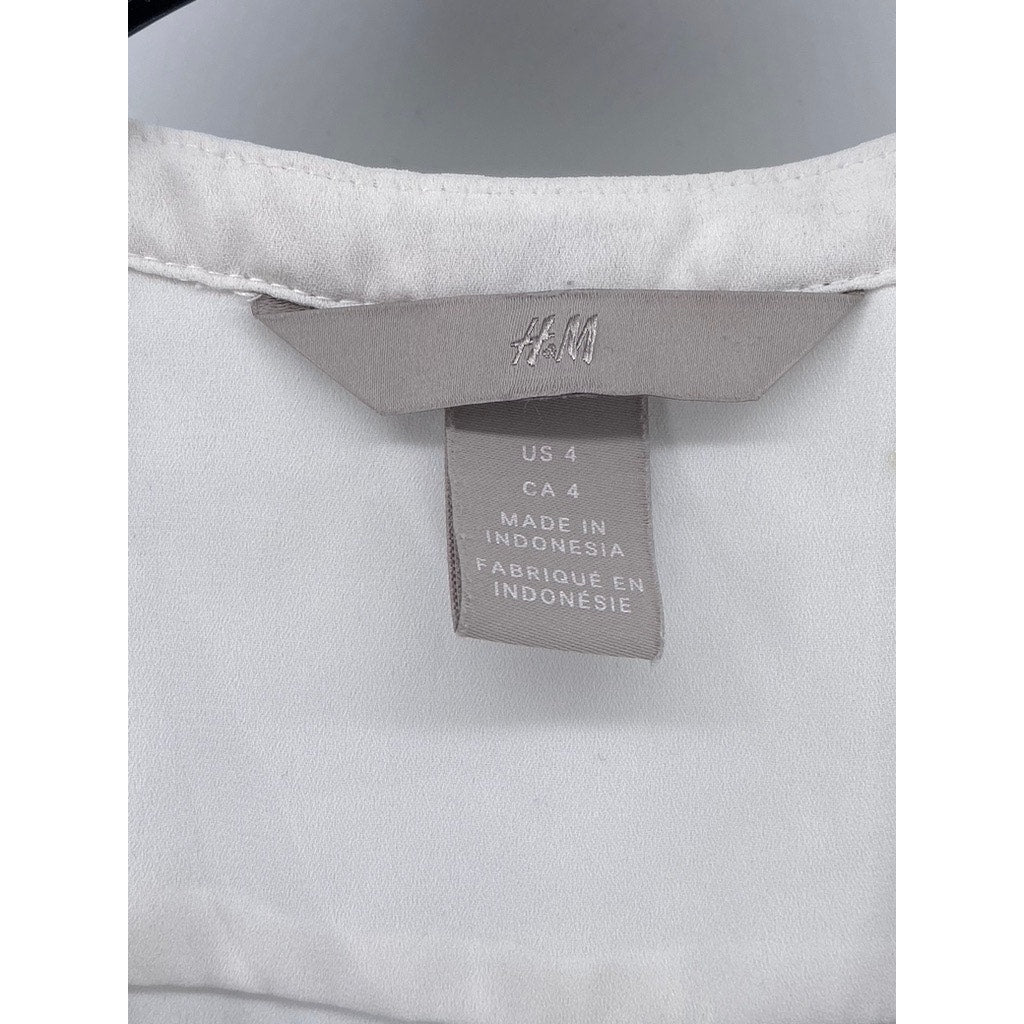 H&M Women's White Pleated Button-Up Short Flutter Sleeve Semi Sheer Top SZ 4
