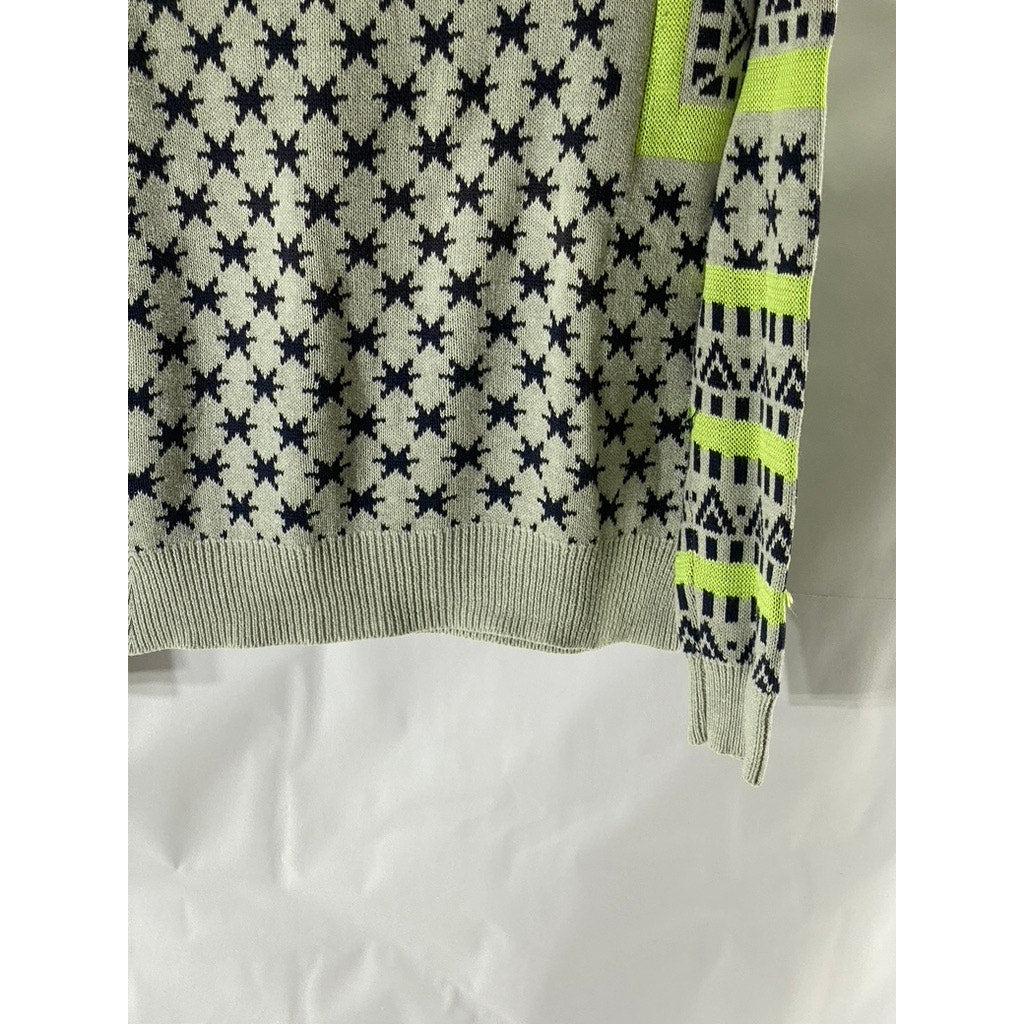 UNBRANDED Women's Gray-Neon Green Star-Print Long Sleeve Knit Sweater SZ M