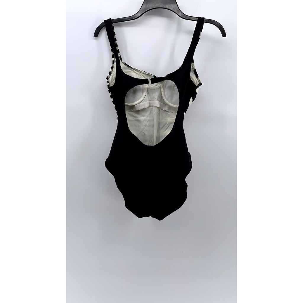BEACH HOUSE Women's Black-White Vintage Striped Ruffle One-Piece Swimsuit SZ 6