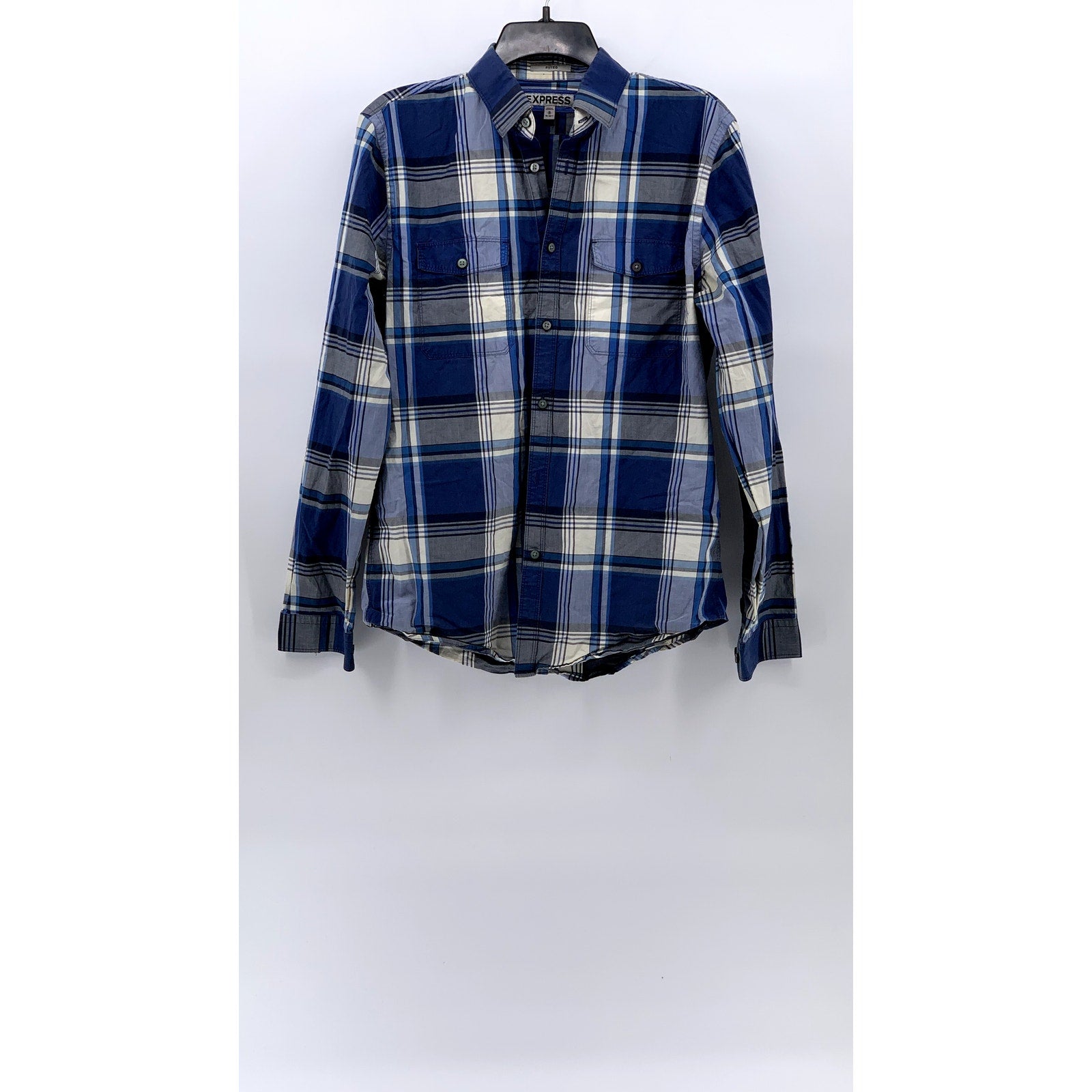 EXPRESS Men's Blue-White Plaid Fitted Cotton Button-Up Long Sleeve Shirt SZ M