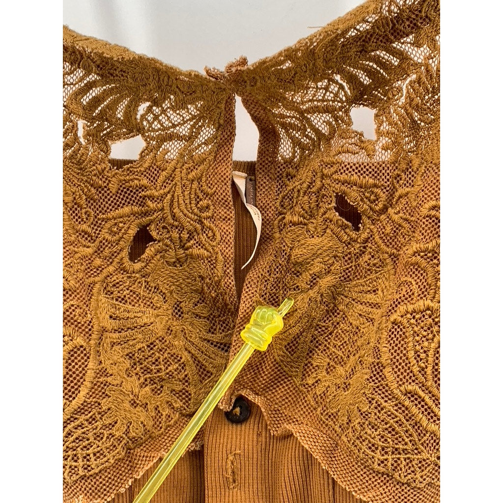 FREE PEOPLE Women's Camel Brown Embroidered Button-Up Crop-Top SZ S