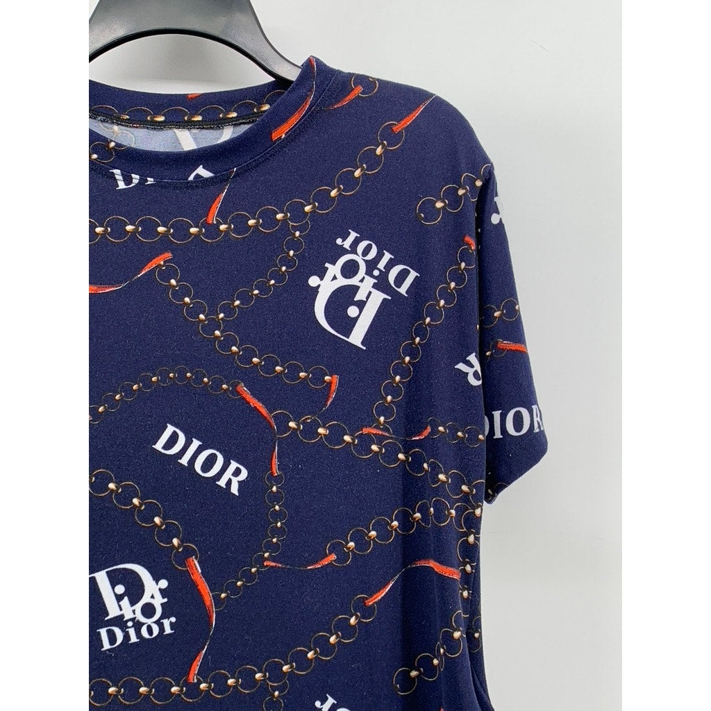 UNBRANDED Women's Navy Chain Logo Short Sleeve Dress SZ L