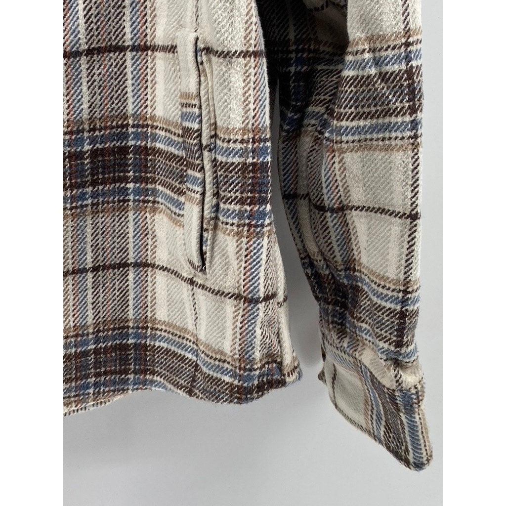 GOODFELLOW & CO Men's Beige-Brown-Blue Plaid Button-Up Flannel Shirt SZ M