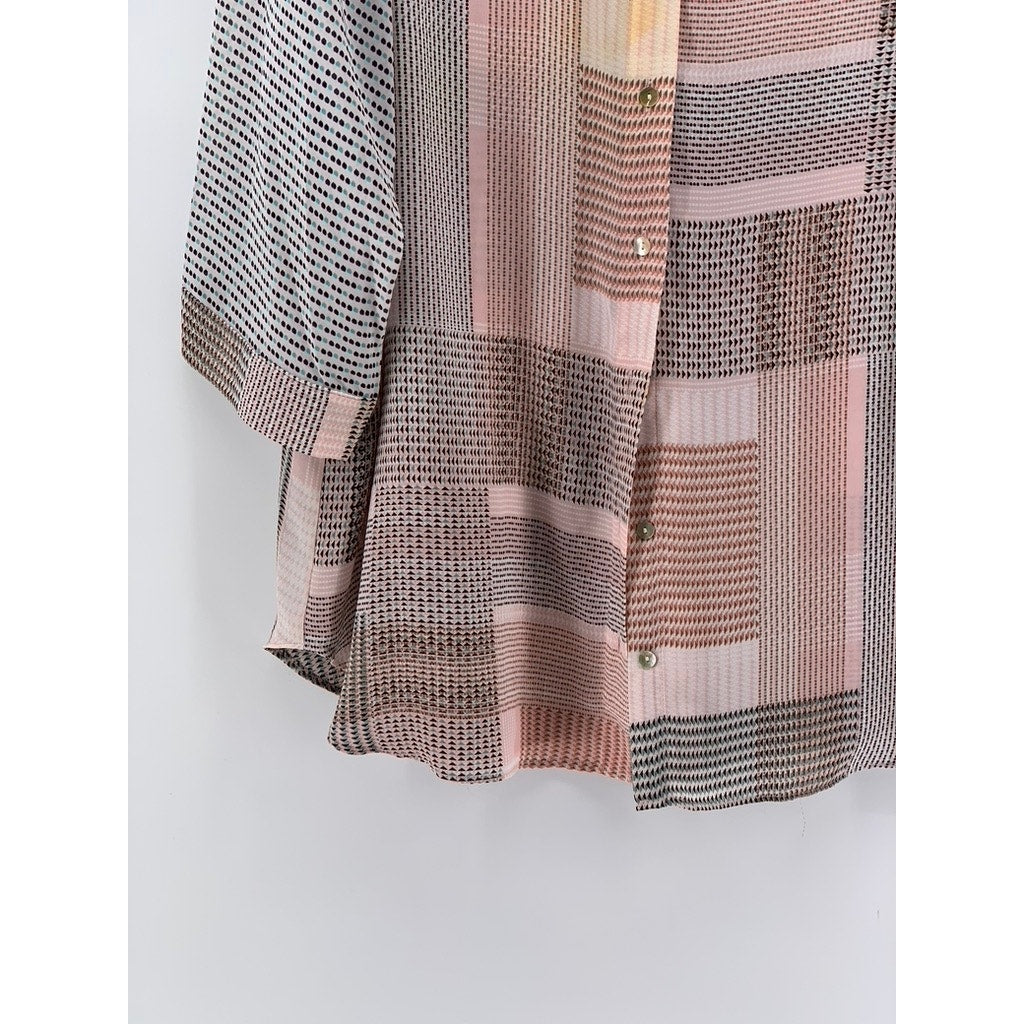 ROSE + OLIVE Women's Plus Pink-Gray Geo Print Button-Up 3/4 Sleeve Top SZ 1X