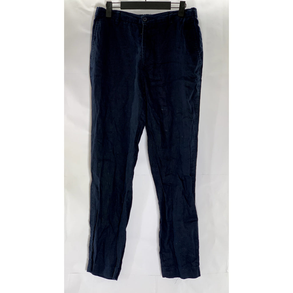 ZARA Men's Navy Blue Linen Straight-Fit Drawstring Pant SZ M
