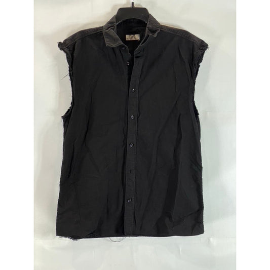 ZARA MAN Men's Solid Black Button-Up Cut-Off Sleeve Shirt SZ M