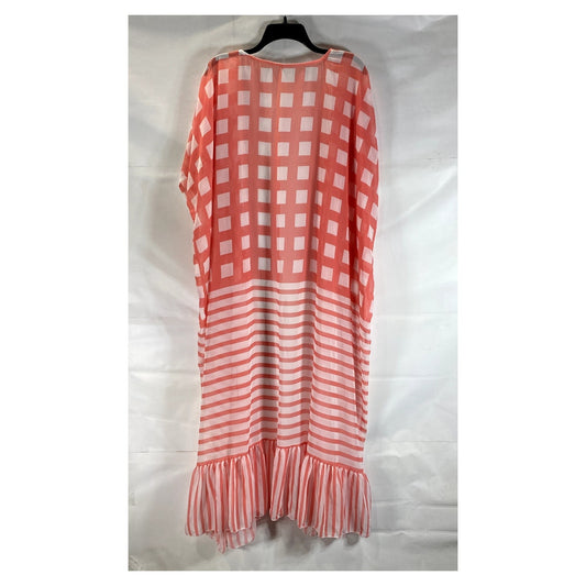 Women's Red/White Square-Striped Printed Ruffle-Hem Open-Front Cardigan SZ OS