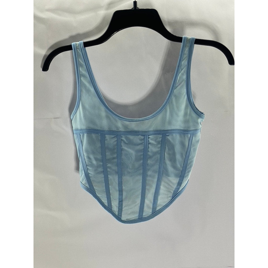UNBRANDED Women's Light Blue Mesh Banded Corset Pointed-Hem Top SZ S