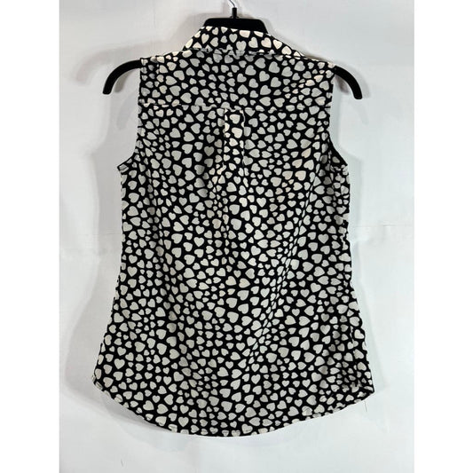 CYNTHIA ROWLEY Women's Black/White Heart Print Sleeveless Button-Up Top SZ XS