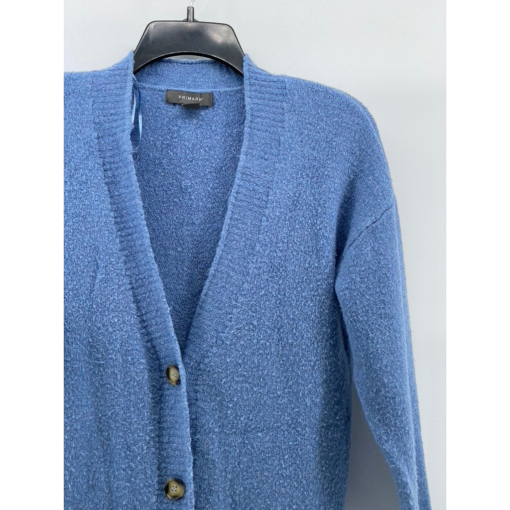 PRIMARK Women's Blue Knit V-Neck Long Sleeve Pocket Button-Up Cardigan SZ 2/4