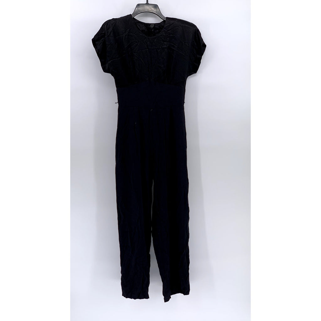 UNBRANDED Women's Black-Navy Crewneck Short Sleeve Back Cutout Jumpsuit SZ M