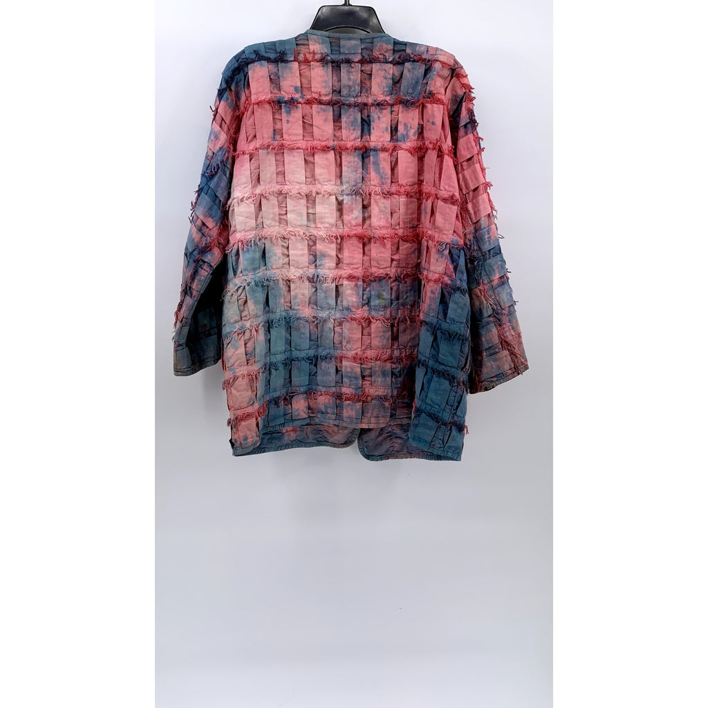 YAKMAGIK Women's Blue-Pink Textured Fringe Long Sleeve Open-Front Shirt SZ OS
