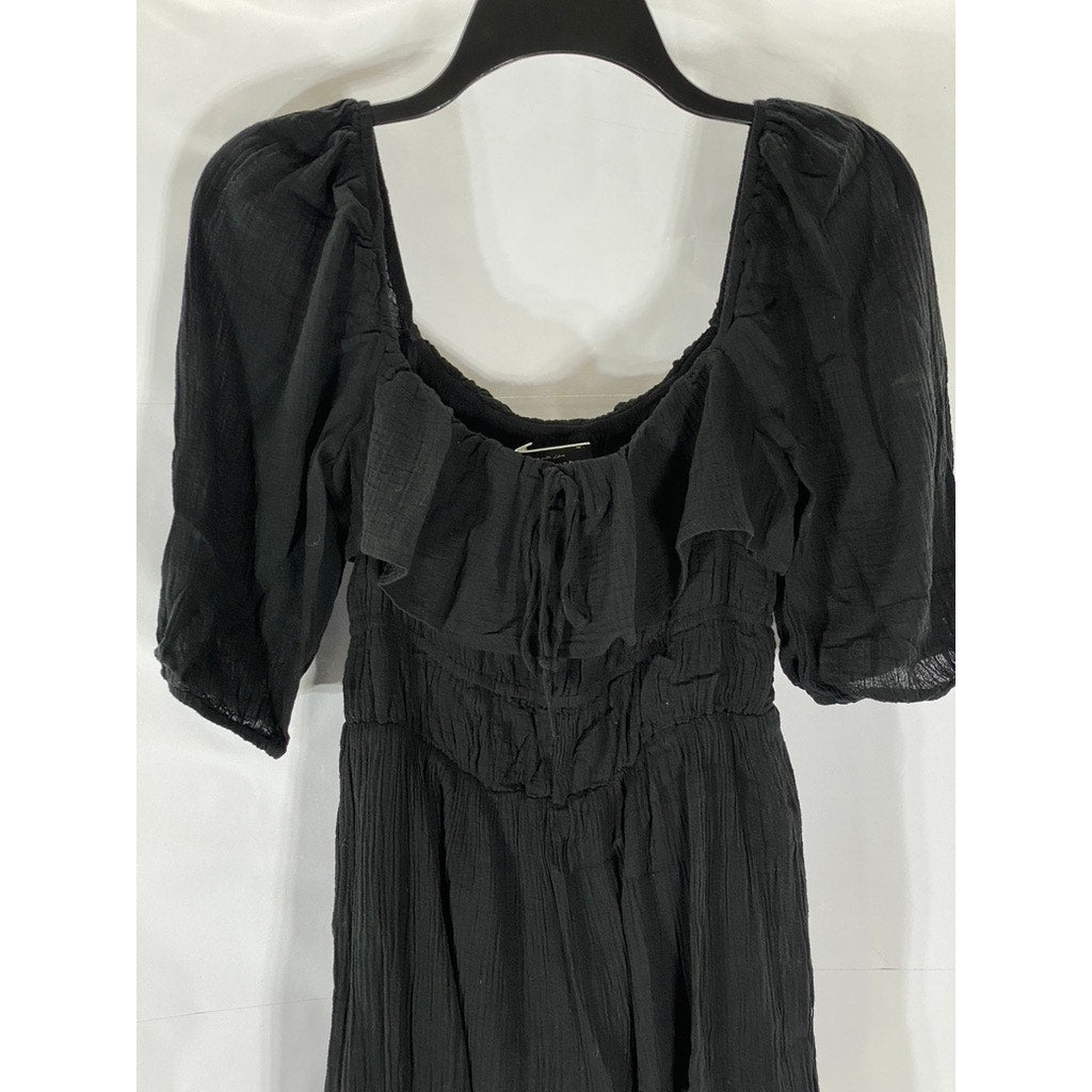 BLUE BLUSH Women's Black Ruffle Smocked Short Elbow Sleeve Midi Dress SZ M