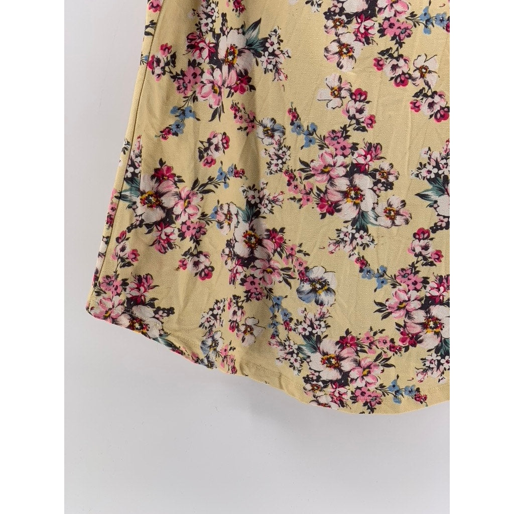 NO COMMENT NY LA Women's Tan Floral V-Neck Cutout Sleeveless Top SZ L
