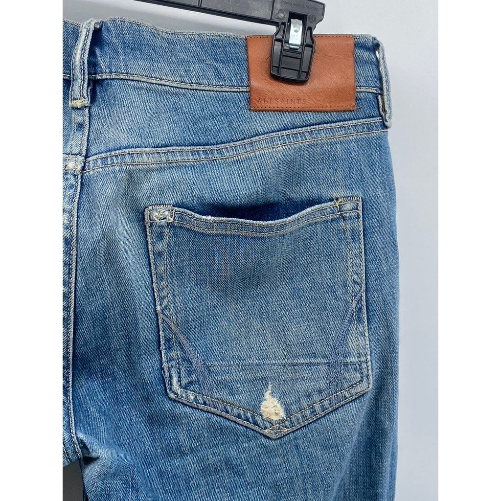 ALL SAINTS Men's Blue Distressed Denim Slim-Fit Button-Fly Jeans SZ 30