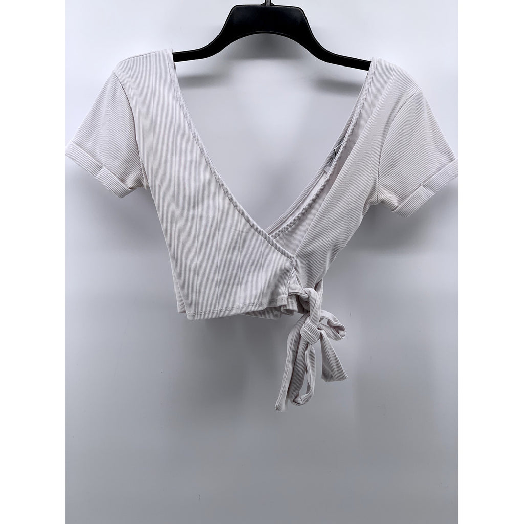 REVAMPED Women's White Ribbed V-Neck Short Sleeve Cropped Wrap Top SZ S