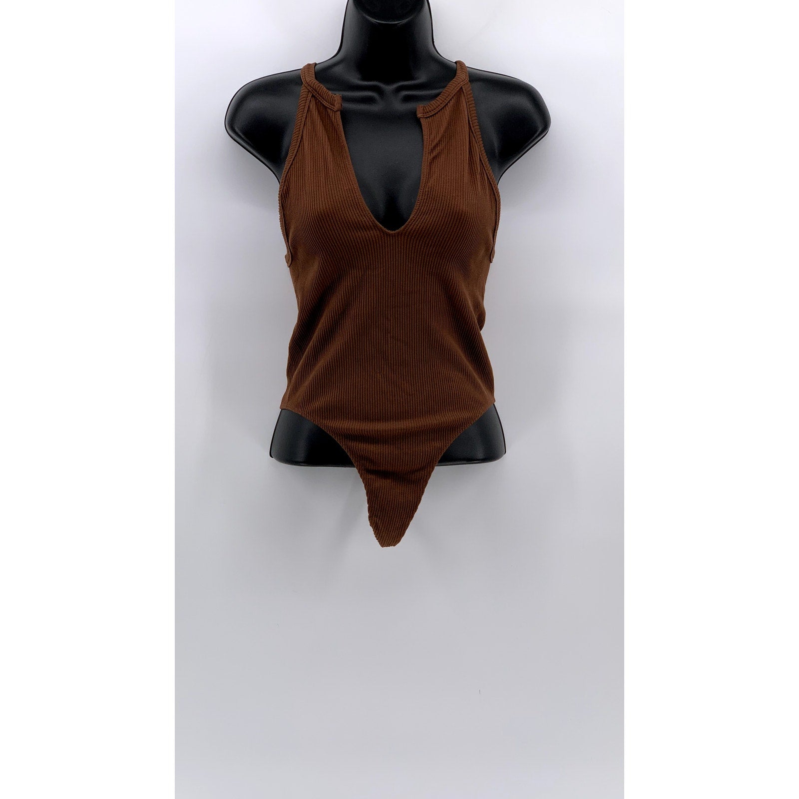 OUT FROM UNDER Women's Brown Ribbed Split Neck Sleeveless Thong Bodysuit SZ XS/S