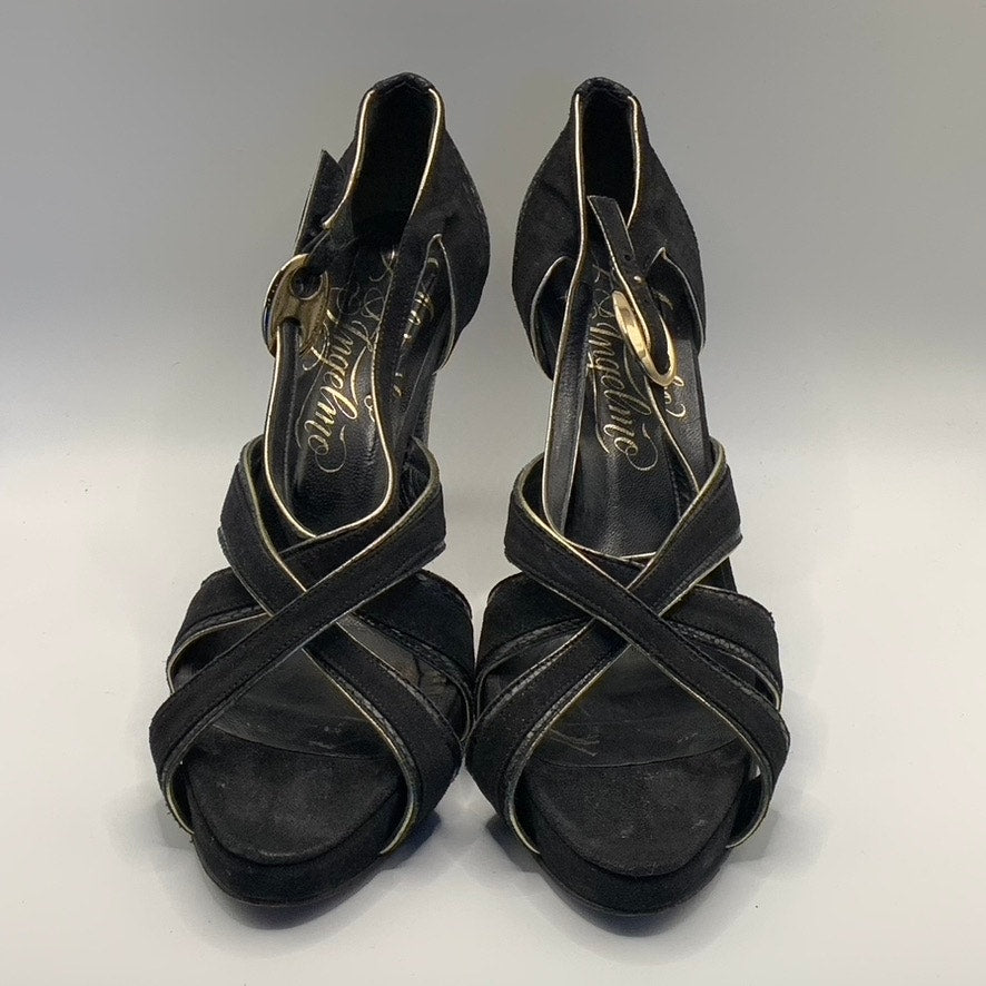 ALEJANDRO INGELMO Women's Black/Gold Peep-Toe Cross Strap Heels SZ 9