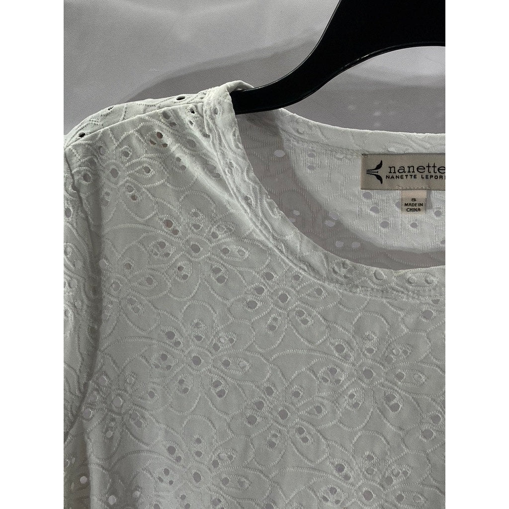 NANETTE LEPORE Women’s White Eyelet Short Sleeve Crewneck Peplum Top SZ S