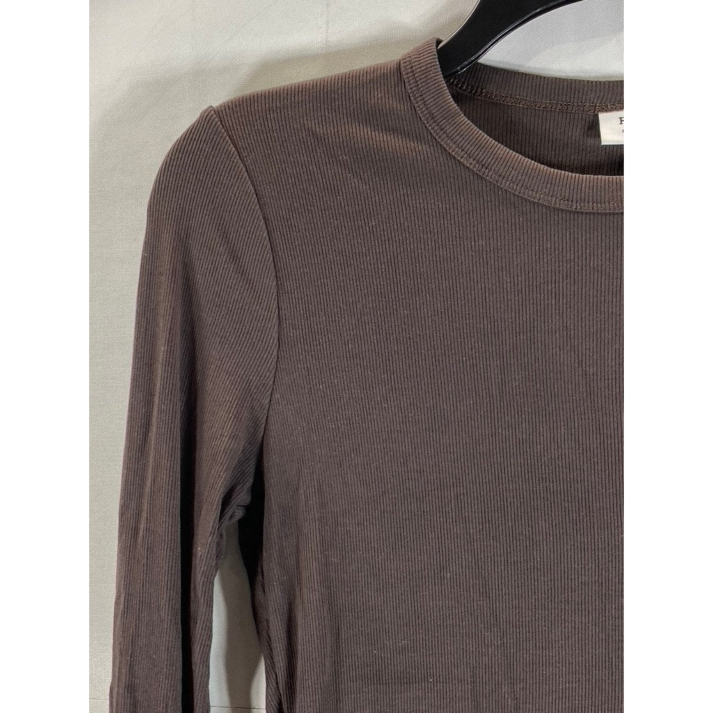 SUNDAY BEST ReRib Women's Dark Brown Ribbed Crewneck Long Sleeve Top SZ S