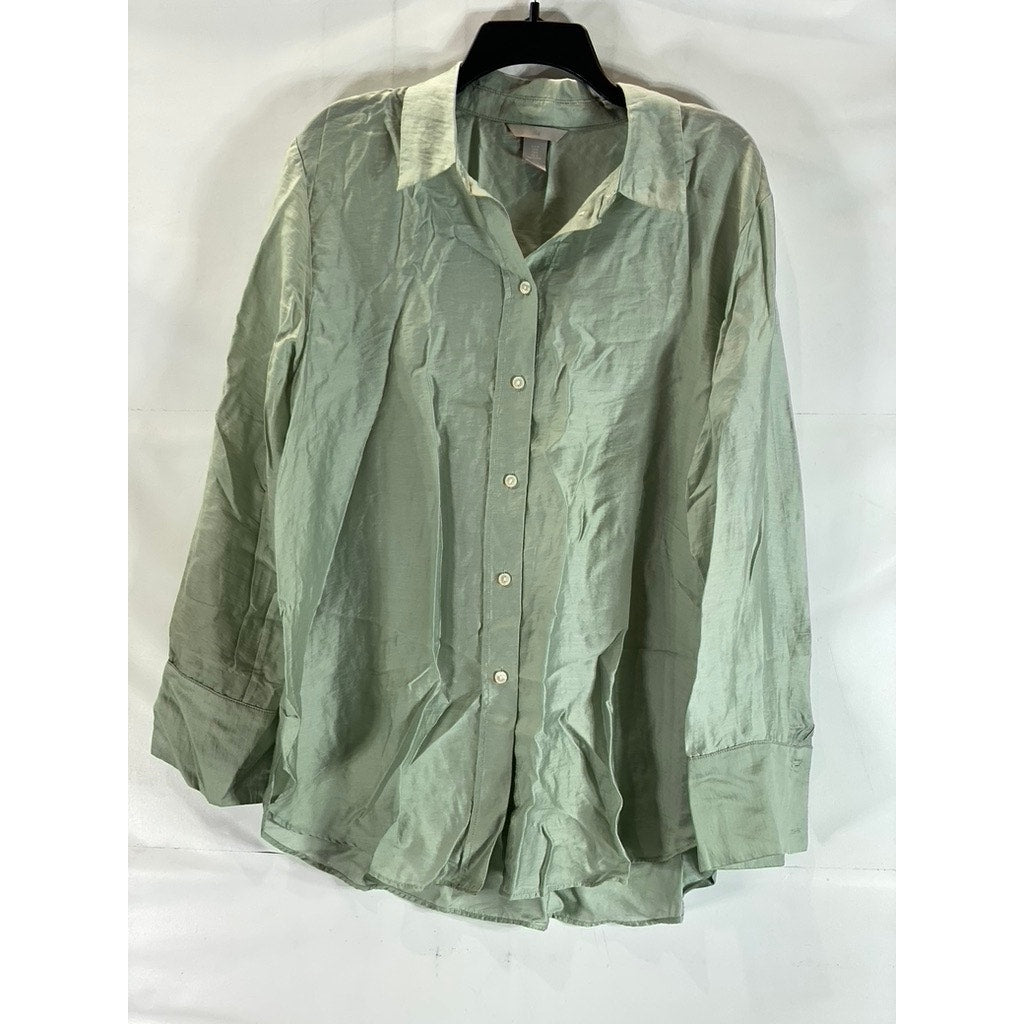 H&M Men's Green Relaxed-Fit Button-Up Long Sleeve Lightweight Collared Top SZ M