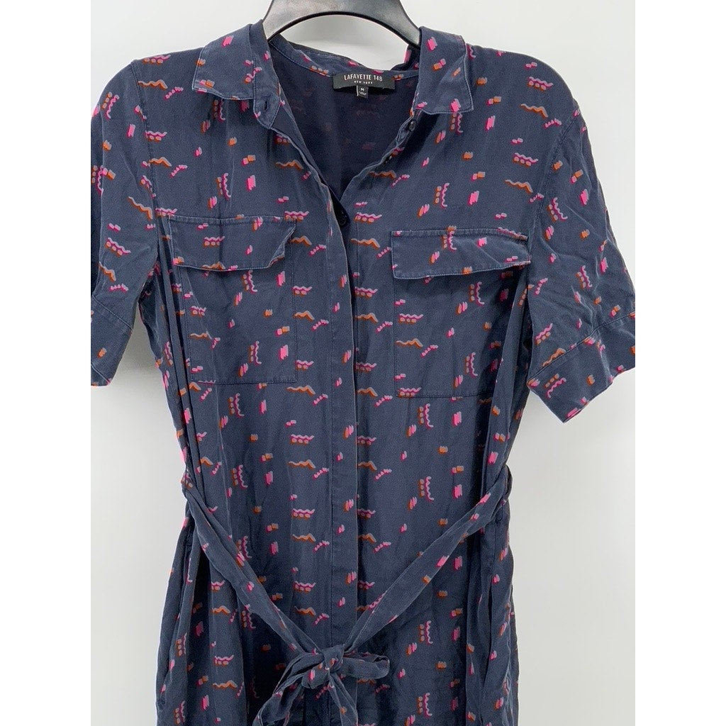 LAFAYETTE 148 NEW YORK Women's Navy Blue Silk Printed Doha Slit Shirtdress SZ M