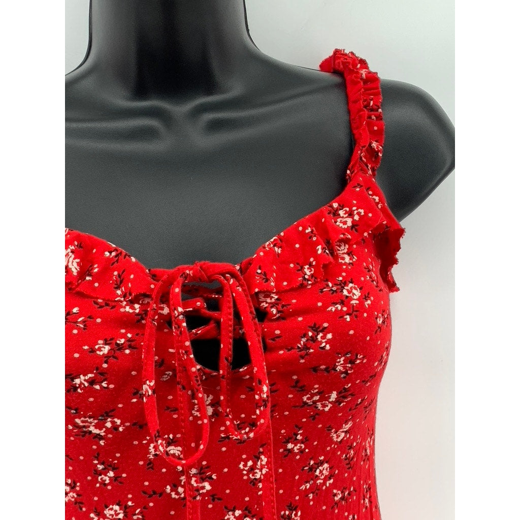 PRETTYLITTLETHING Women's Red Ditsy Floral Lace-Up Bodycon Mini Dress SZ 2