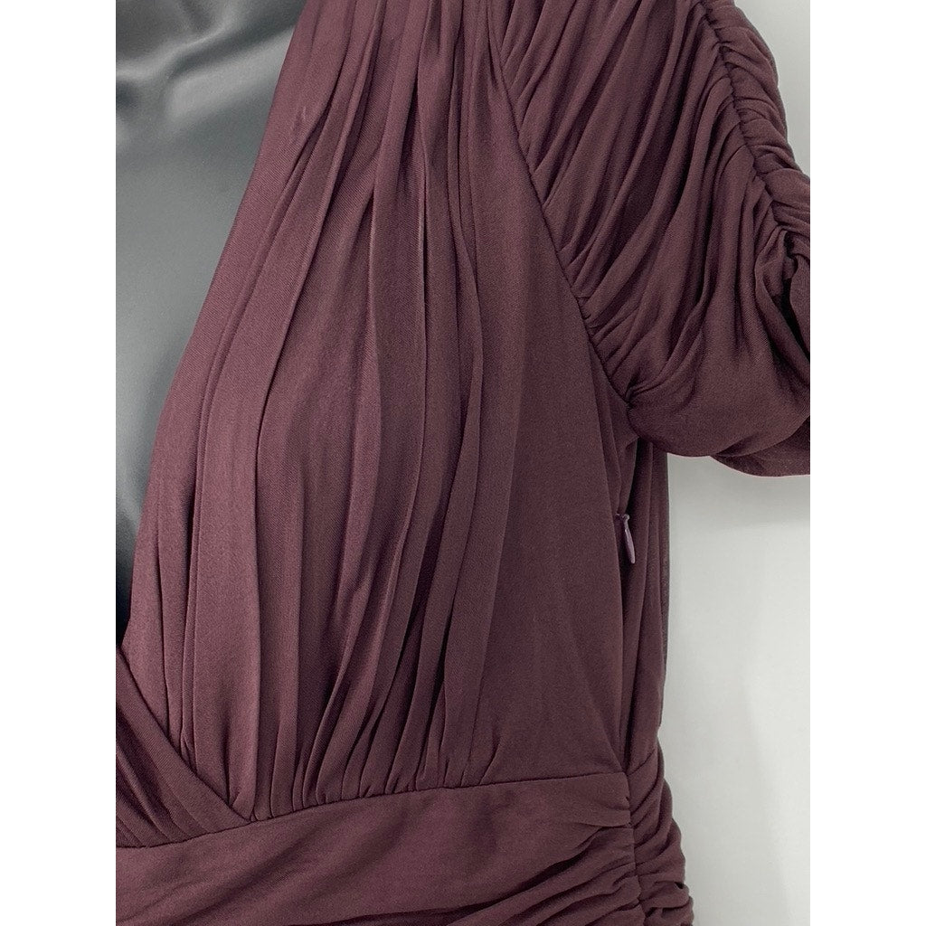 HALSTON HERITAGE Women's Wine Short Sleeve V-Neck Ruched Mini Dress SZ M