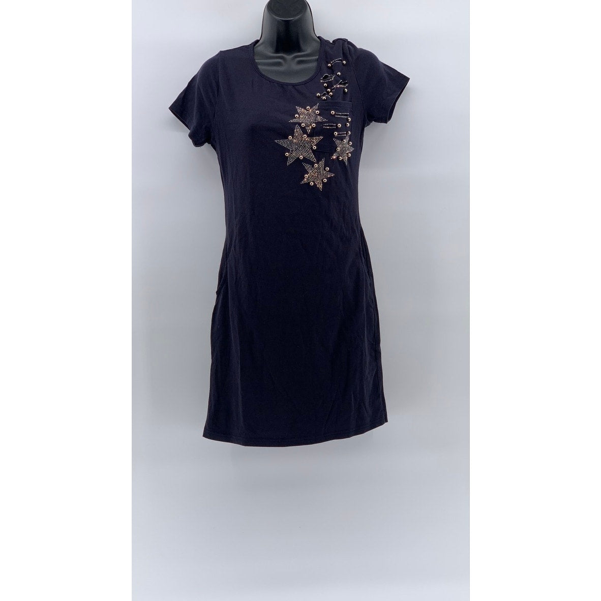 JULIA Women's Blue Star Studded Distressed Short Sleeve Crewneck Mini Dress SZ S