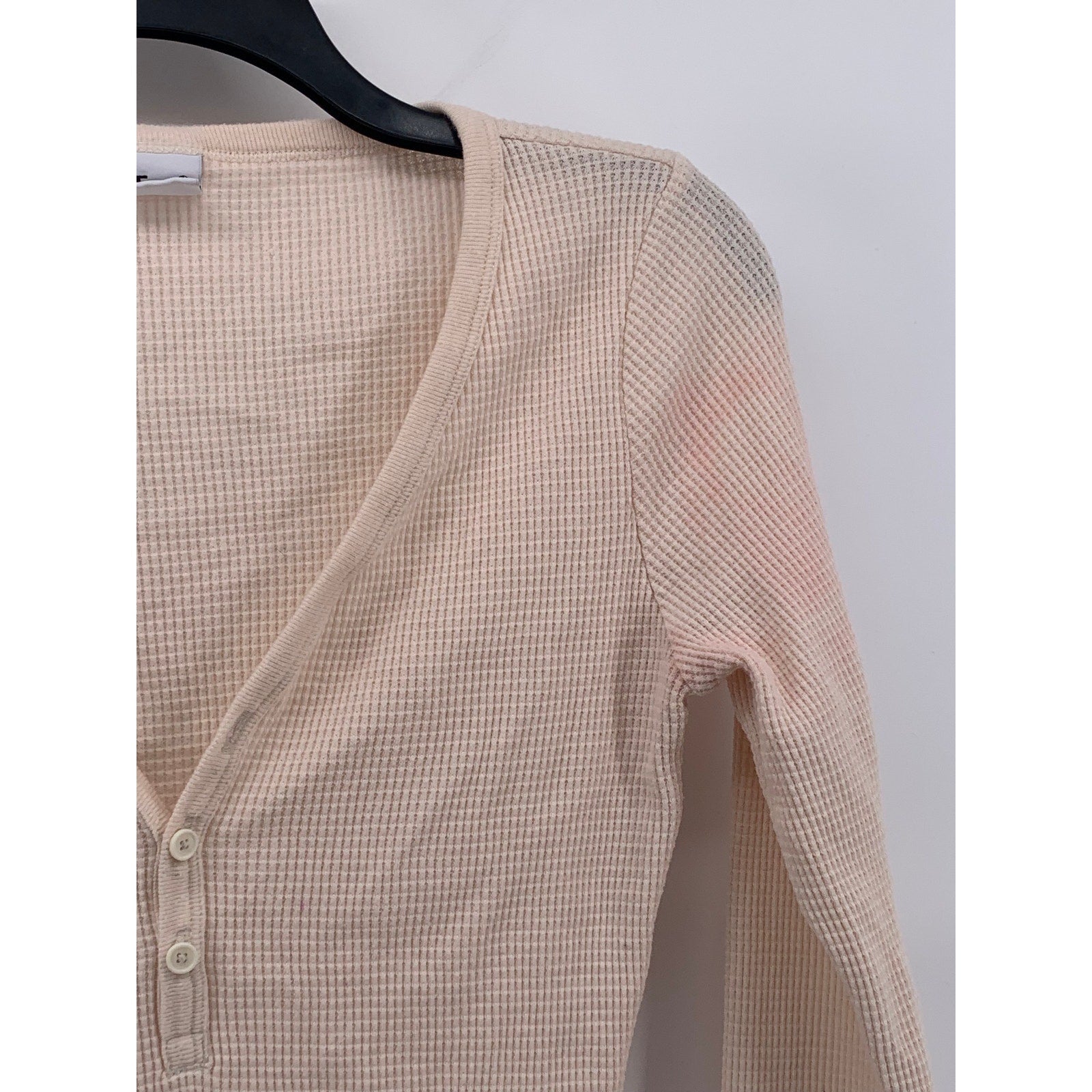 TNA Women's Rose Waffle-Knit Button-Up Long Sleeve V-Neck Crop Top SZ M