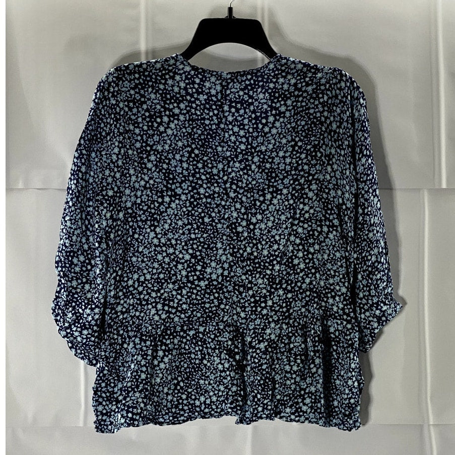 JIMMY KEY Women's Blue Floral V-Neck Surplice Ruffle 3/4 Sleeve Top SZ L