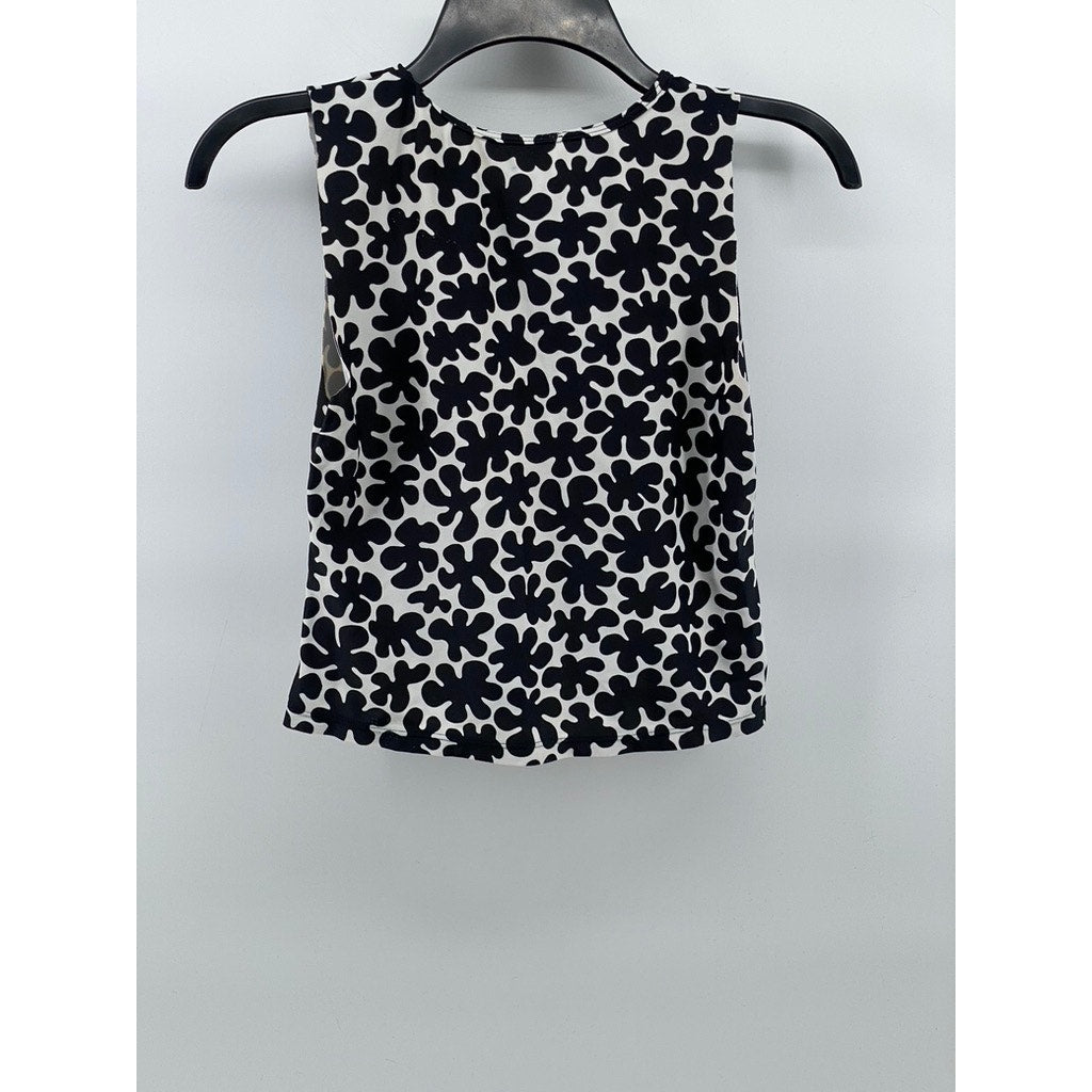 UNBRANDED Women's Black-White Floral Split-Neck Crewneck Sleeveless Top SZ S