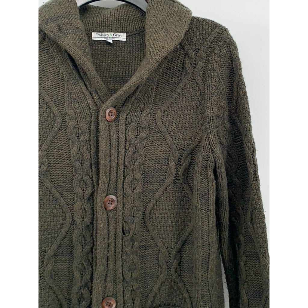 PAISLEY & GRAY Men's Green Knit Shawl-Collar Long Sleeve Button-Up Cardigan SZ S