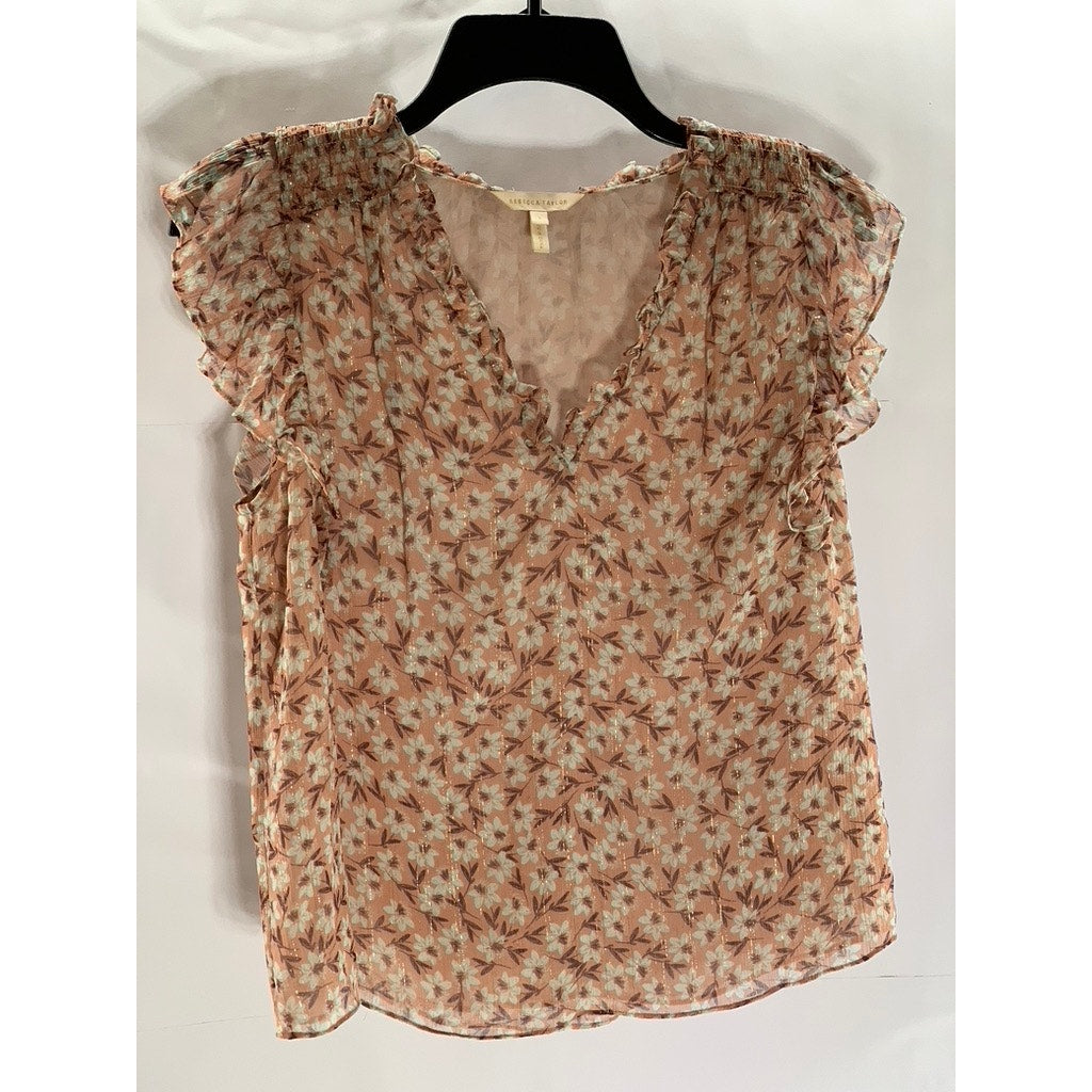 REBECCA TAYLOR Women's Peach Floral Metallic V-Neck Ruffle Short Sleeve Top SZ 2