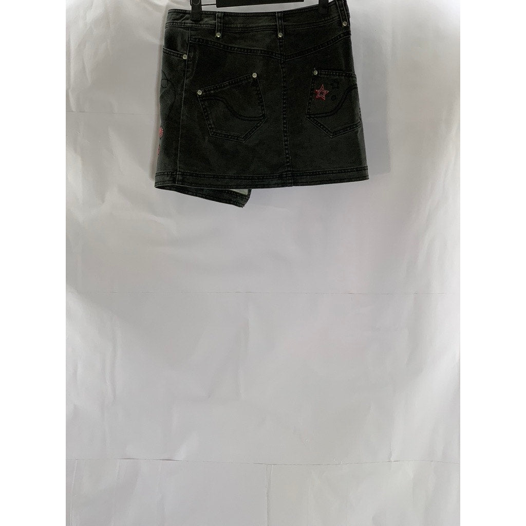 H&M Women's Black Denim Embroidered Star-Flower Mini Wrap Skirt SZ 6