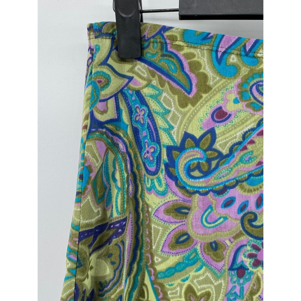CLUE Women's Green Paisley Print Vintage Y2K Straight Knee-Length Skirt SZ M