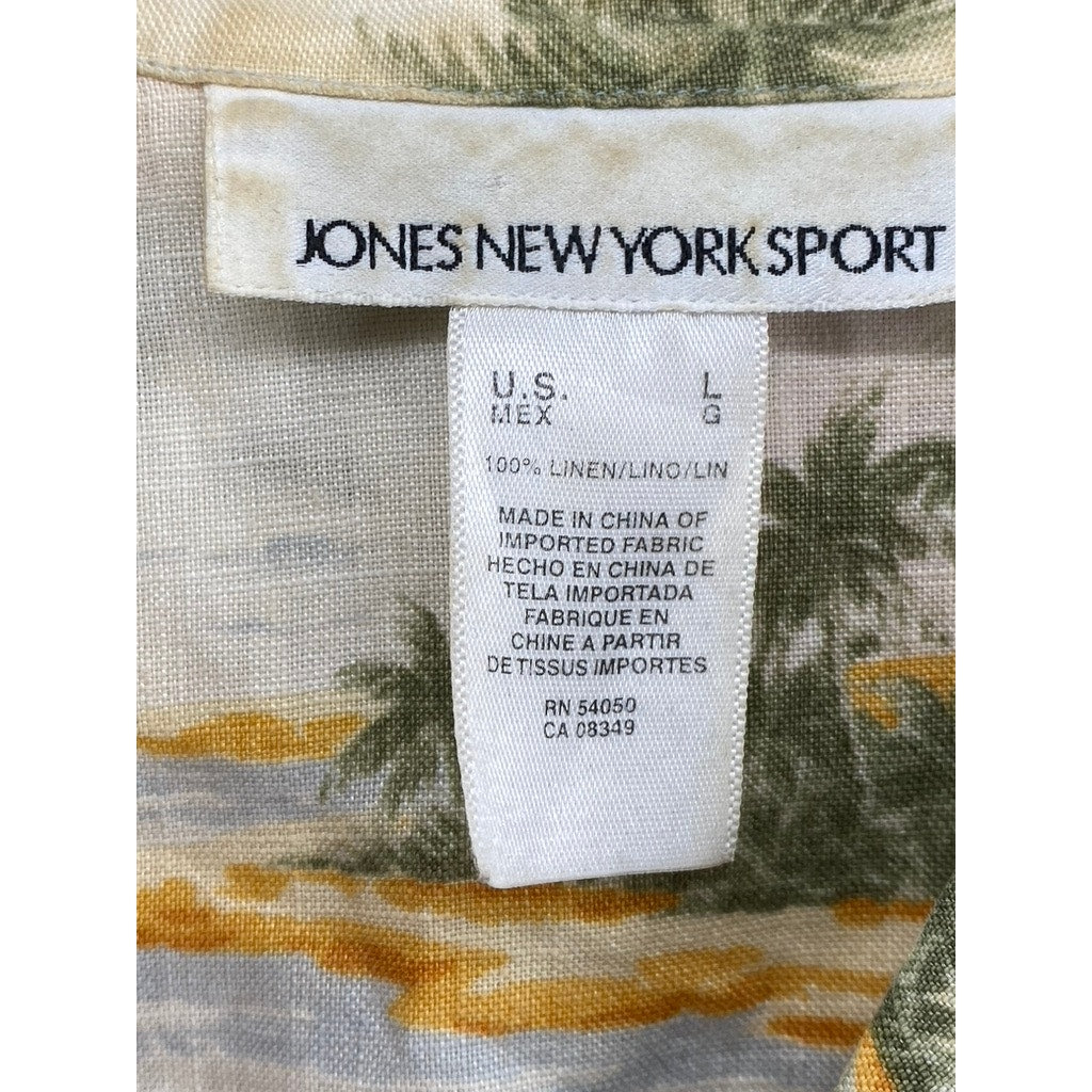 JONES NEW YORK SPORT Women's Tan Linen Floral Button-Up Short Sleeve Top SZ L