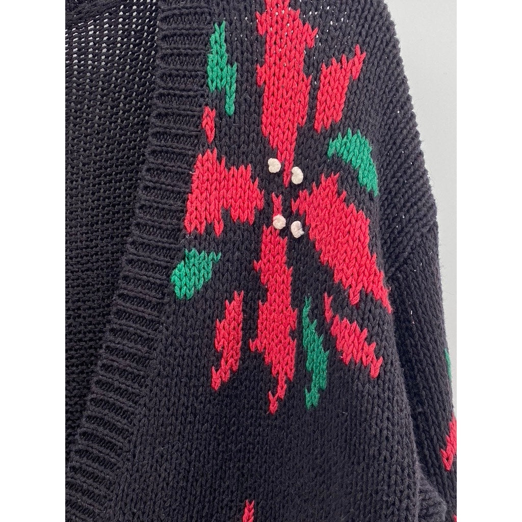 LAUREN GREY Women's Vintage Black-Red Poinsettia Knit Button-Up Cardigan SZ M
