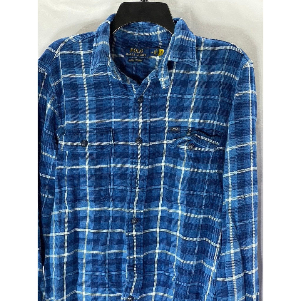 POLO RALPH LAUREN Men’s Blue Plaid Classic-Fit Button-Up Indigo Shirt SZ M