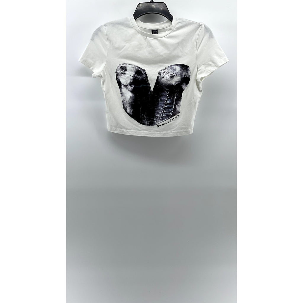 SHEIN Women's White-Black Corset Print No Boundaries Crewneck Cropped Top SZ 6