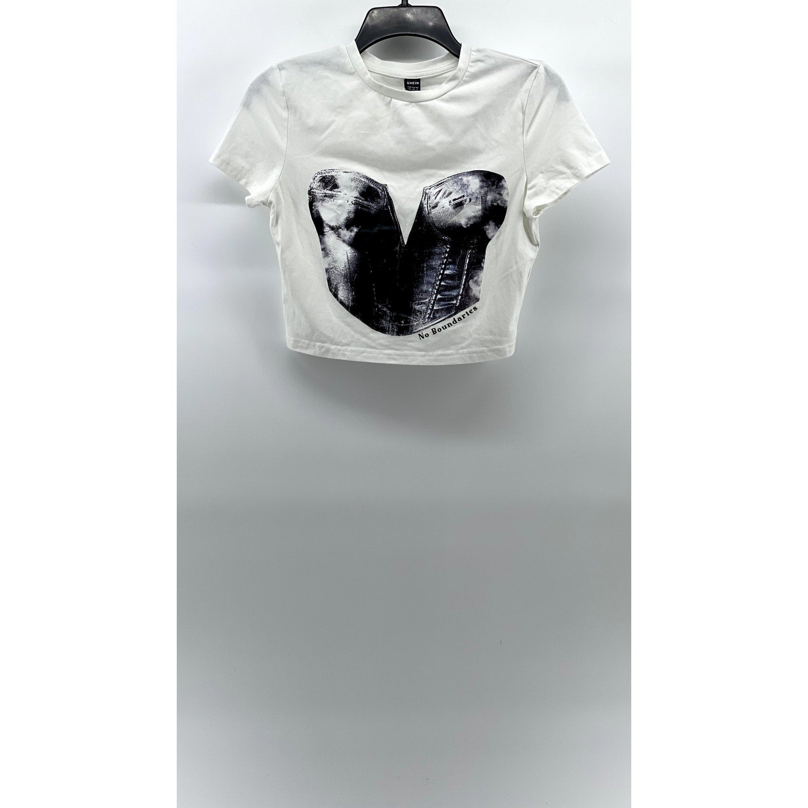 SHEIN Women's White-Black Corset Print No Boundaries Crewneck Cropped Top SZ 6