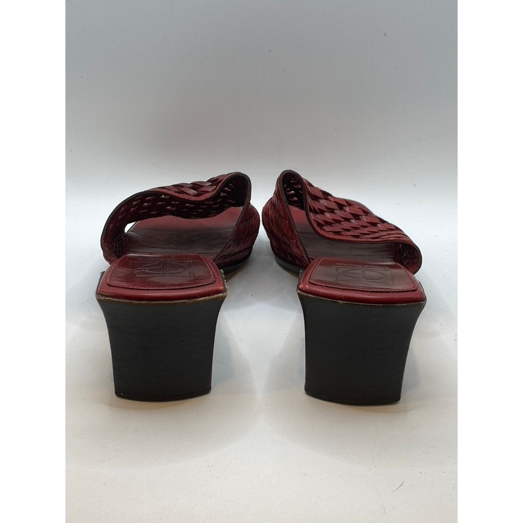 COLE HAAN Women's Red Leather Woven Square Open-Toe Block Heel Sandals SZ 8.5