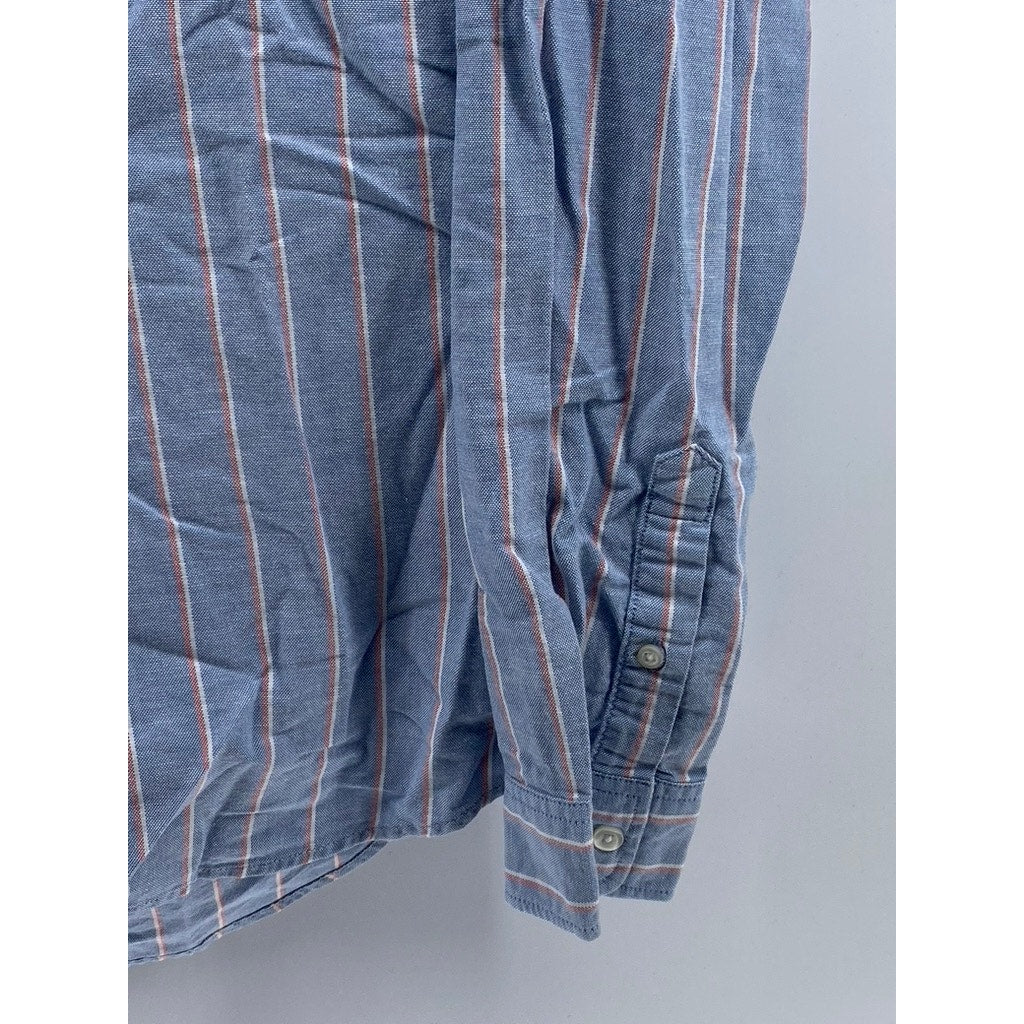 GAP Men's Blue-Pink Striped Standard-Fit Stretch Button-Up Oxford Shirt SZ M