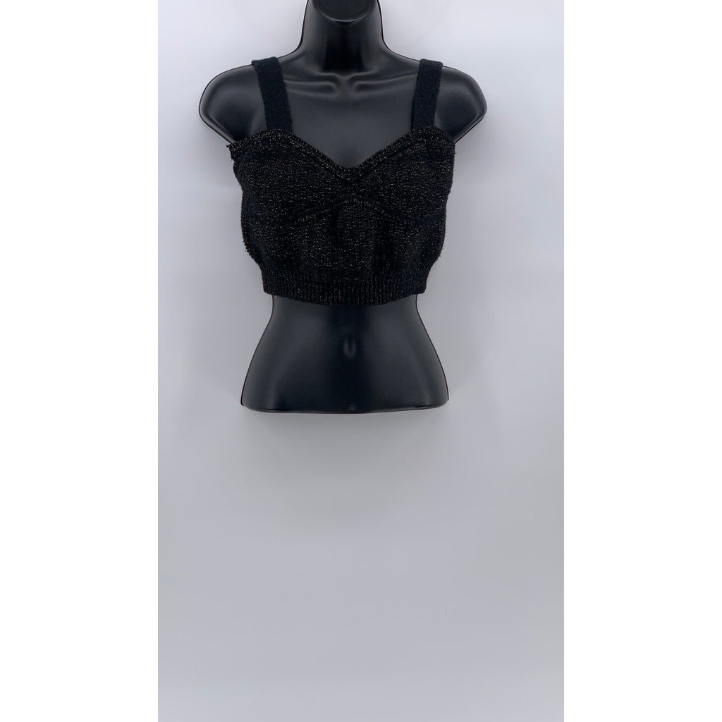 UNBRANDED Women's Black Silver Metallic V-Neck Knit Cropped Tank Top SZ M