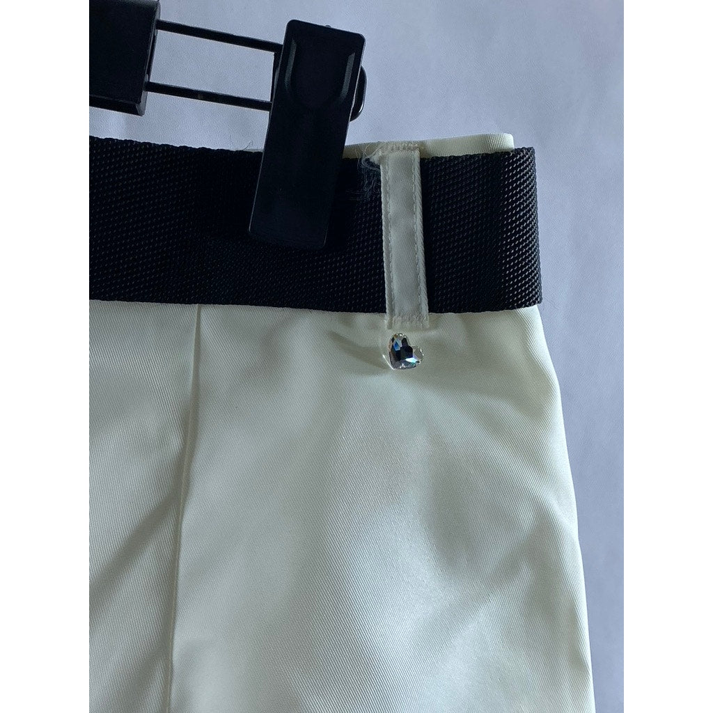 PLEASE Women's White-Black Solid Belted Baggy Pants SZ M