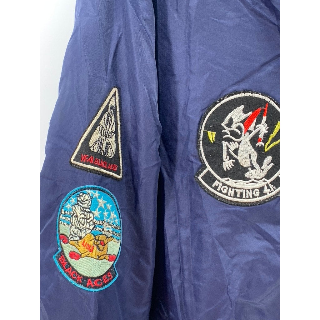 NEO-WOWS Men's Navy Vintage Patchwork Zip-Up Bomber Jacket SZ L