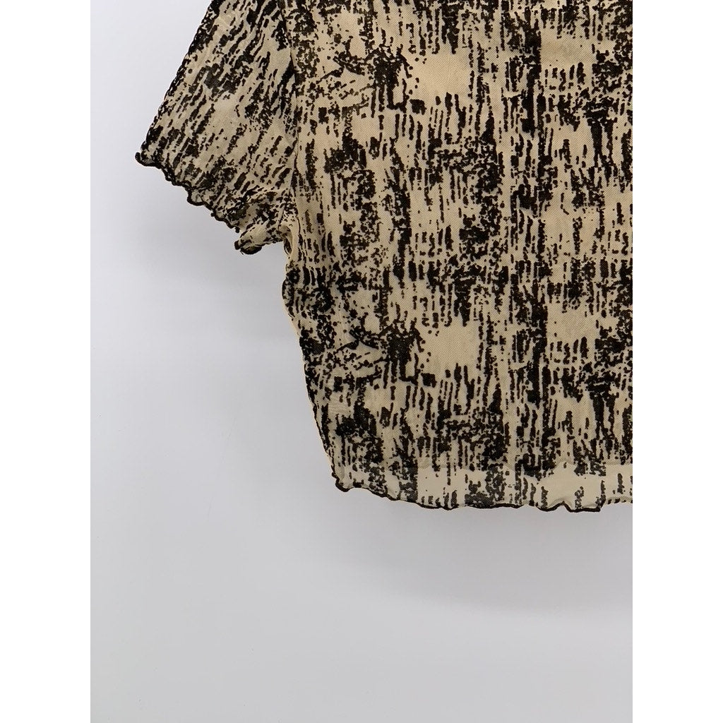 UNBRANDED Women's Black-Brown Printed Short Sleeve Mock-Neck Cropped Top SZ S