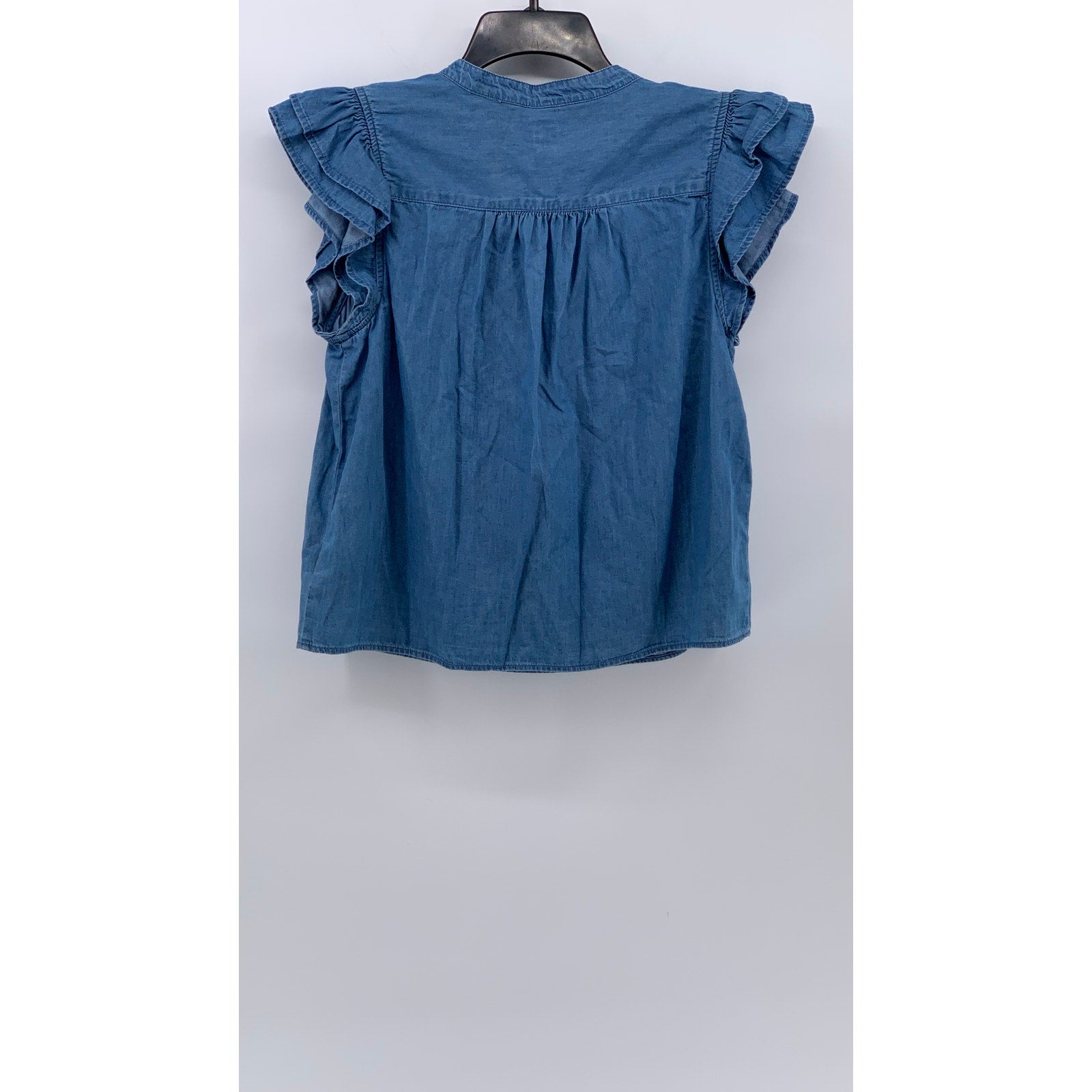 GAP Women's Blue Chambray Split-Neck Flutter Short Sleeve Top SZ S